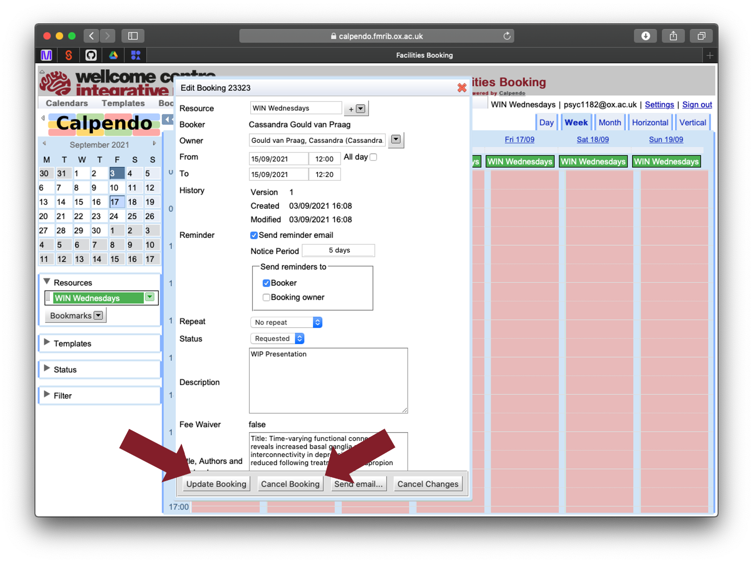 calpendo edit booking window for WIN Wednesdays with arrows highlighting the update and cancel booking buttons