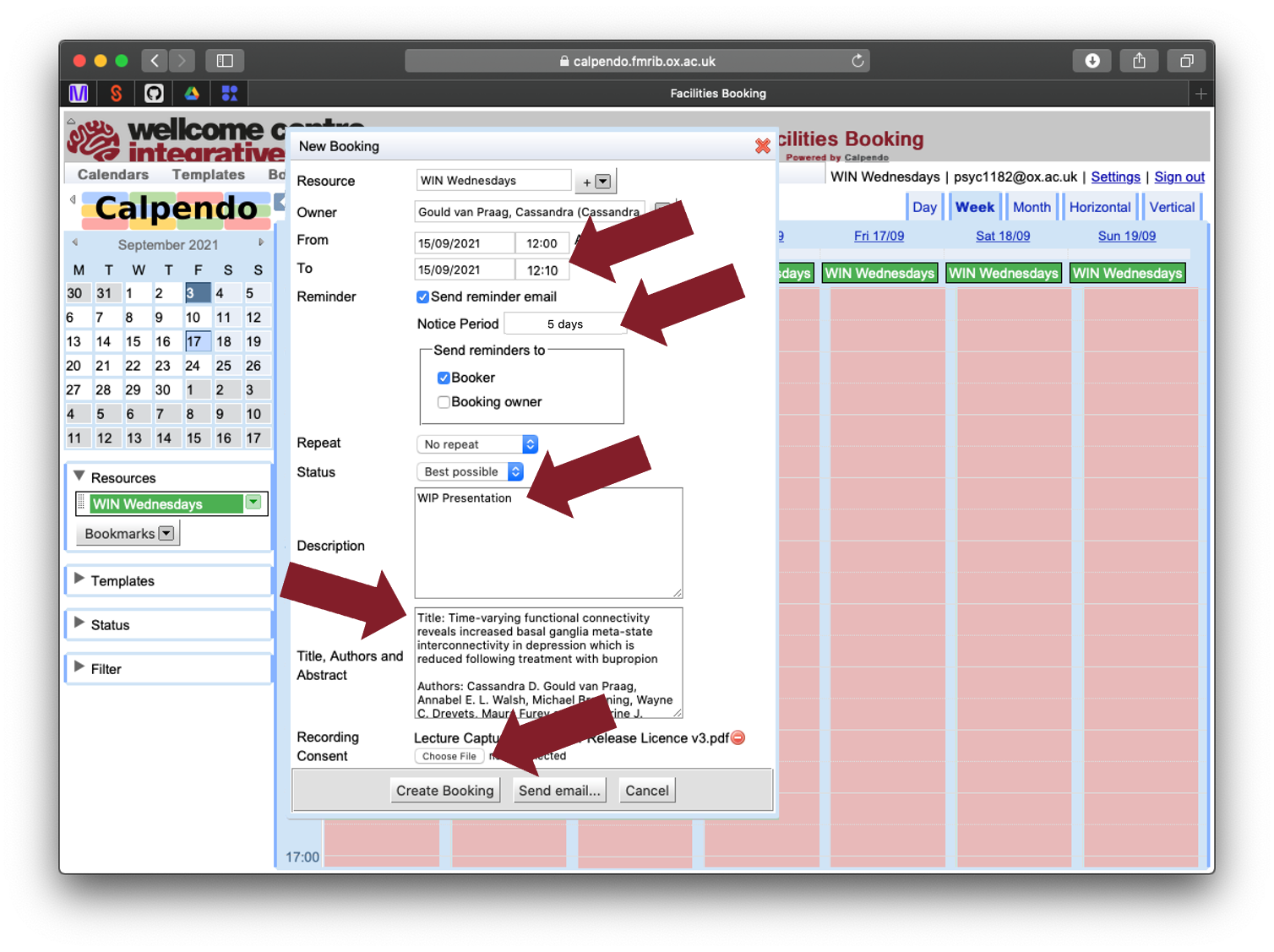 calpendo new booking window for WIN Wednesdays with arrows highlighting: 1) end time; 2) email reminder notice period; 3) description text box; 4) Title, Authors and Abstract text box; 5) Recording consent upload button