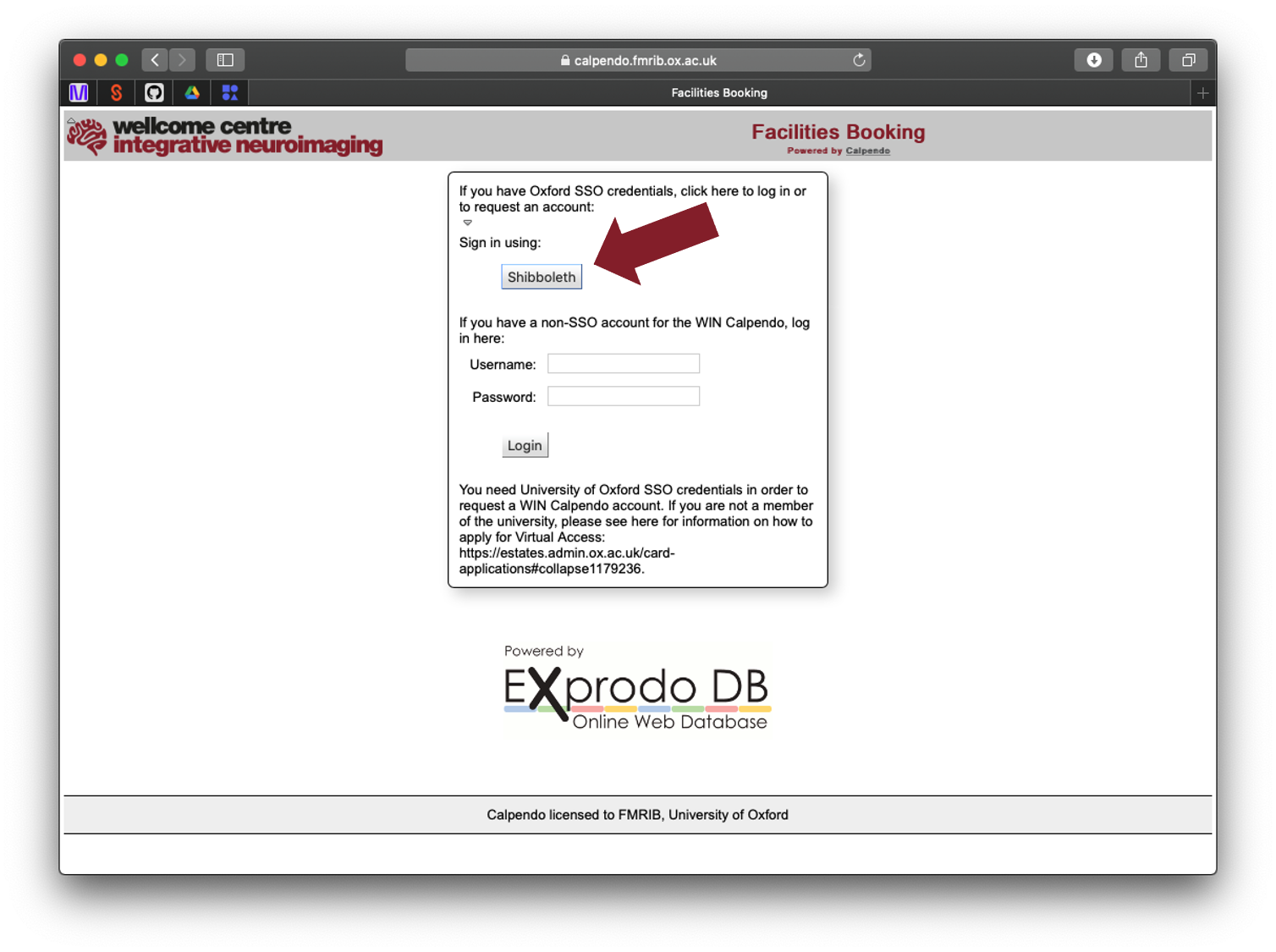 calpendo sign in page with arrow highlighting Shibboleth sign in button